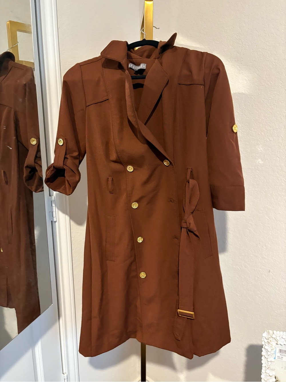 Sharagano Chestnut Brown Trench Coat with Gold Buttons